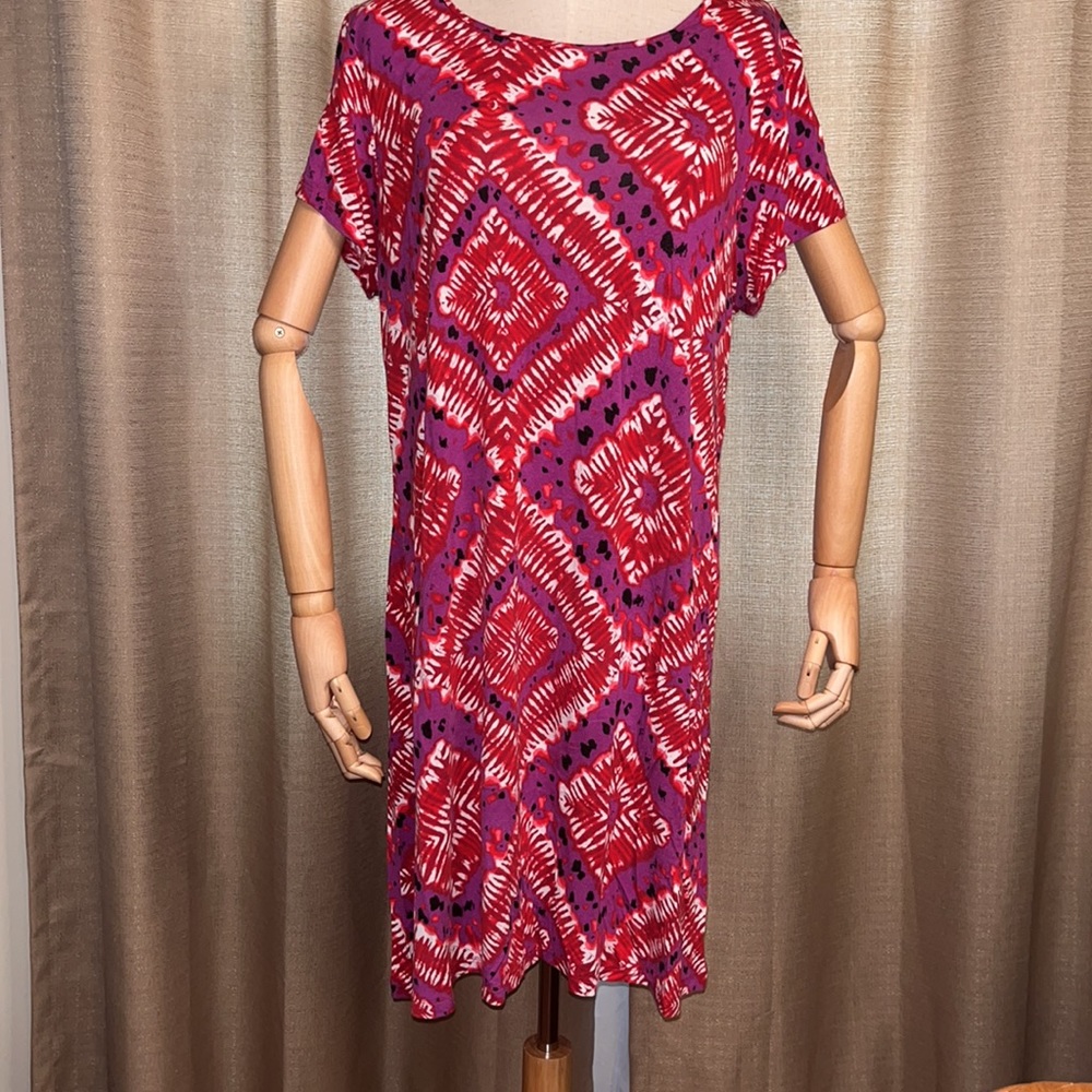 Short Sleeve Scoop-Neck Stretch Knit Dress, Bandana Batik/Pink Ladies XXL